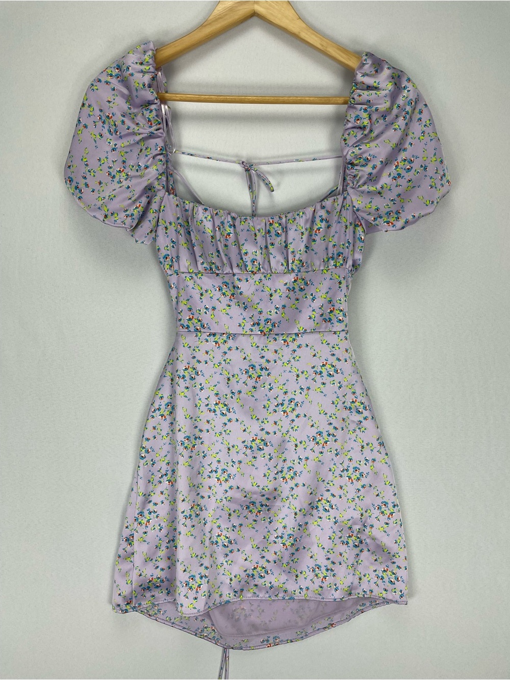 Zara Women’s Mini Dress Size Small Purple Floral Lilac Puff Sleeve Satin NWT
